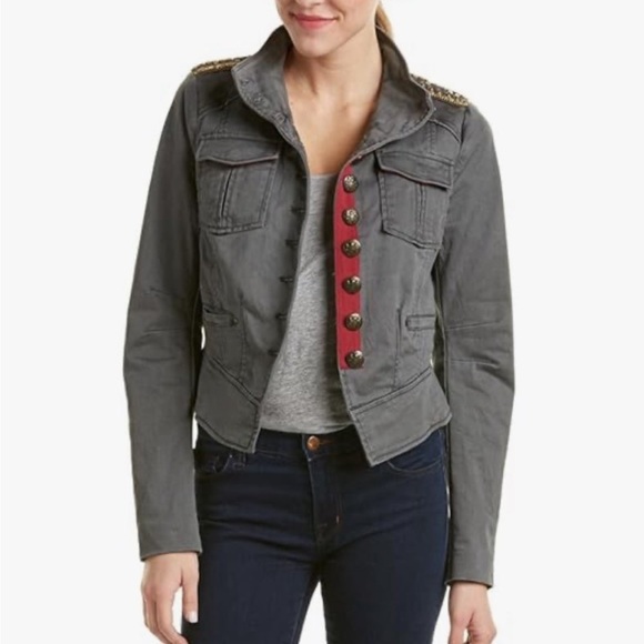 Free People Gray Utility Military Jacket with Red Trim and Gold Epaulets - Picture 5 of 16